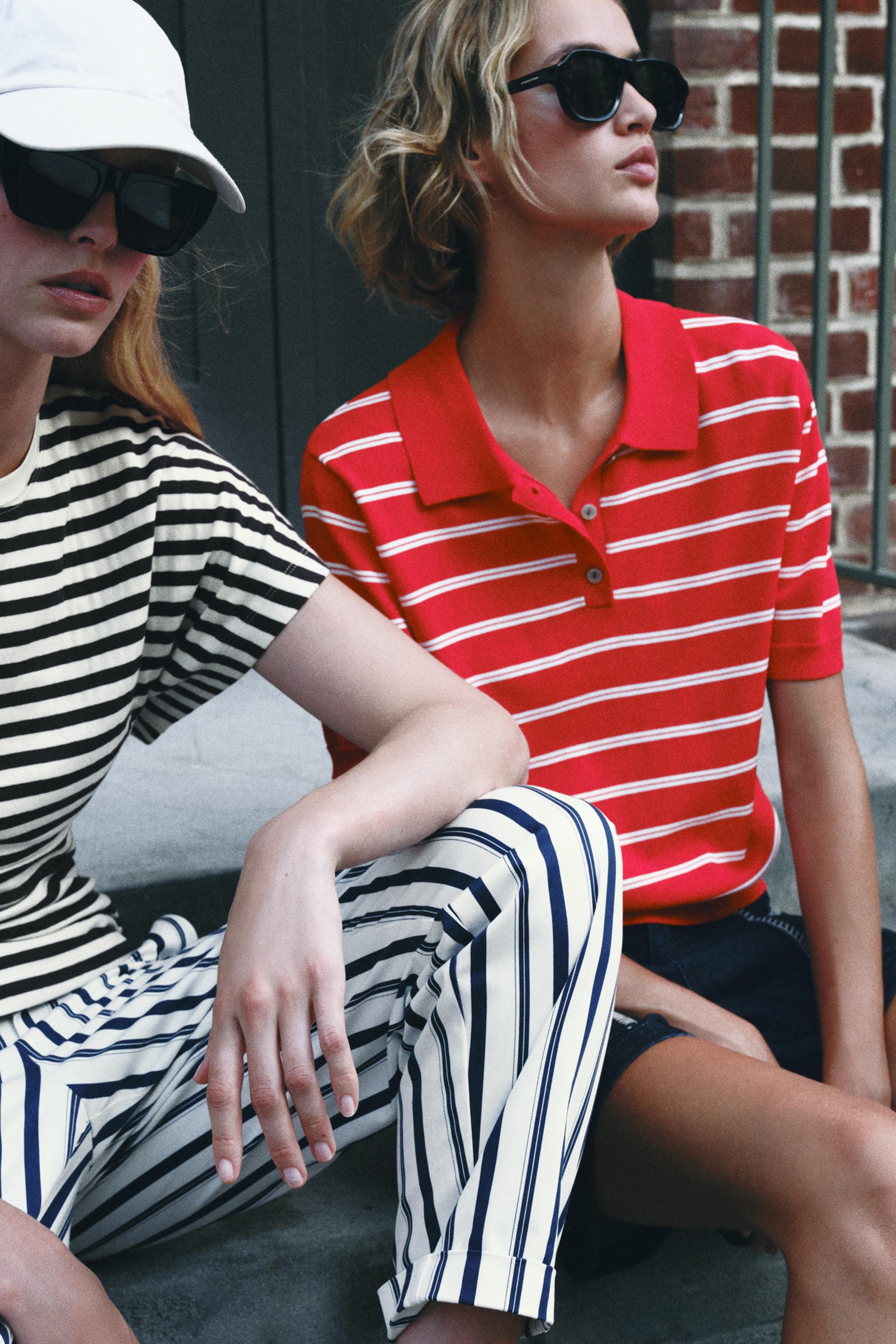 STRIPED SHORT SLEEVE KNIT POLO TOP